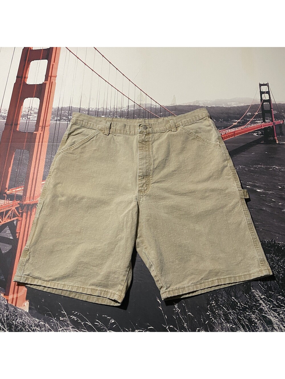 VTG Y2K Wrangler Denim Cargo Shorts Mens 36x10 Carpenter Beige Multi Pockets